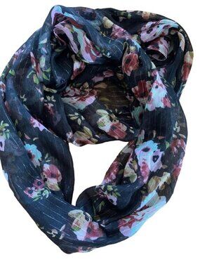 Womens Black with Pink Flowers and Glitter Strands Scarf 21" x 70" Scarf